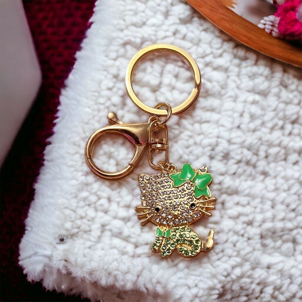 Hello Kitty Green Gold Rhinestone Keychain NWT